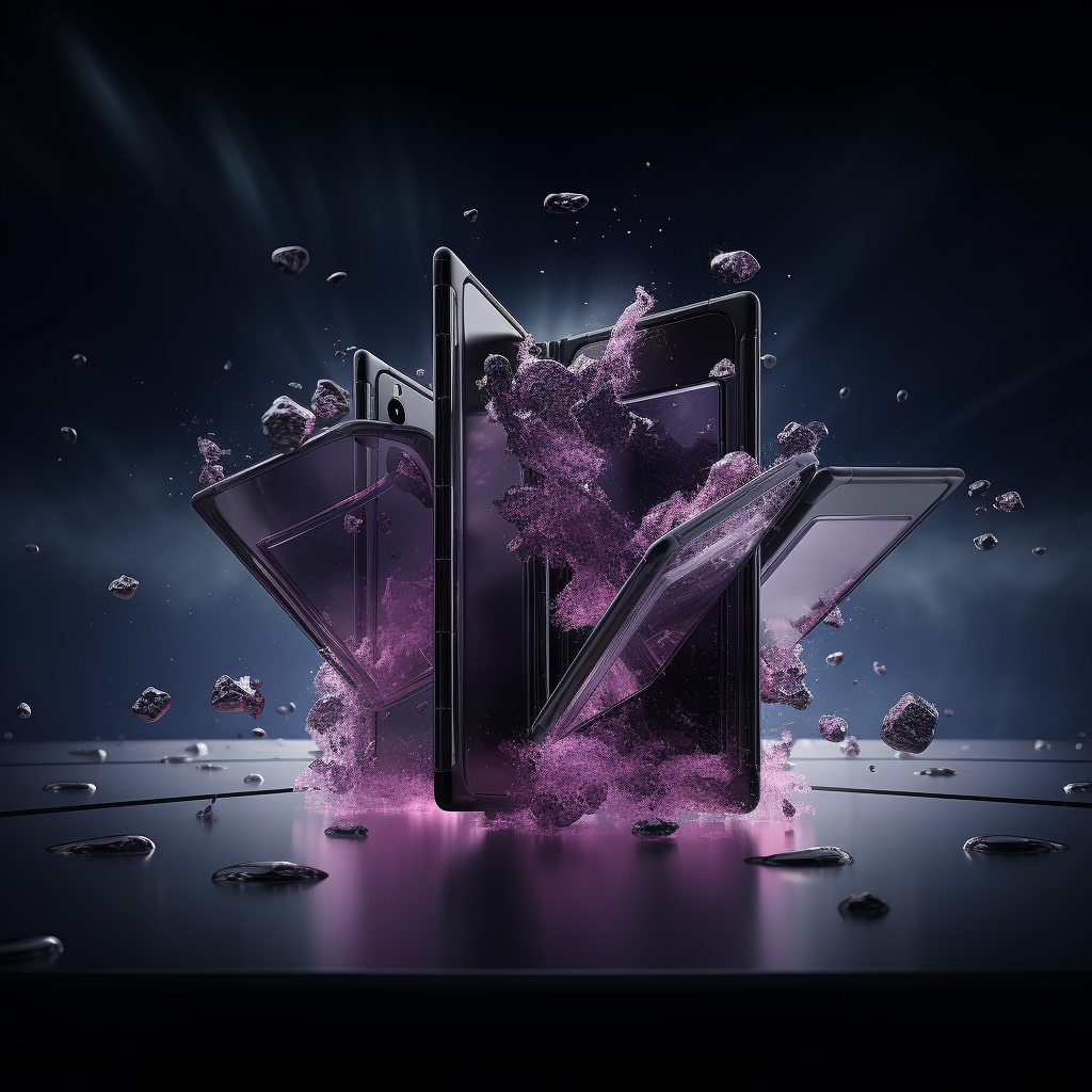 Phone falling and shattering purple particles